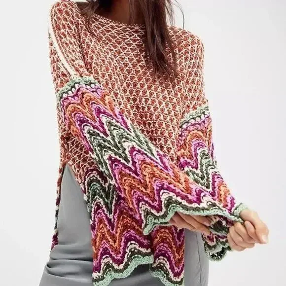 Free People Heatwave Oversized Pullover Cotton Knit Crochet Colorful Sweater - Picture 5 of 13